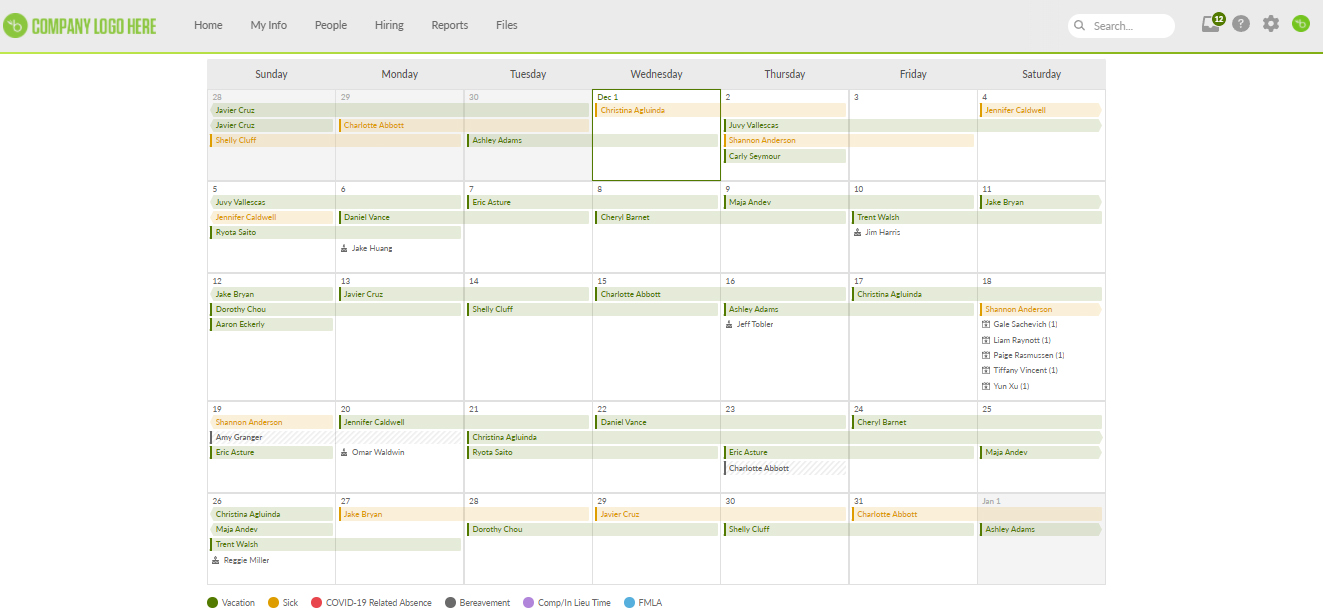 BambooHR company calendar with scheduled PTO of employees.