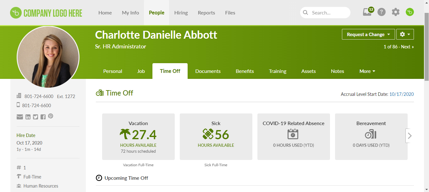 Employee's sample profile Charlotte Danielle Abbott, where you can view benefits, time off, and other information from the People dashboard.