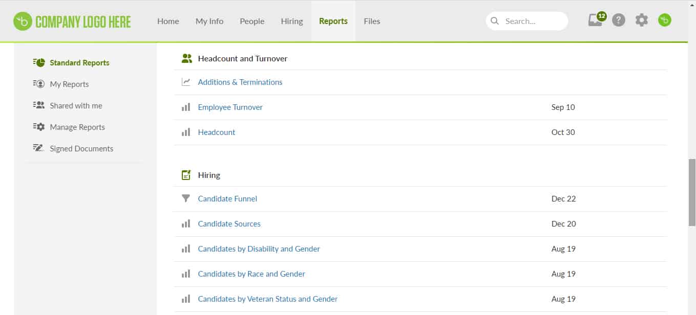 BambooHR’s reports page which you can generate different kinds of reports, like PTO usage, EEO reports, and employee turnover.
