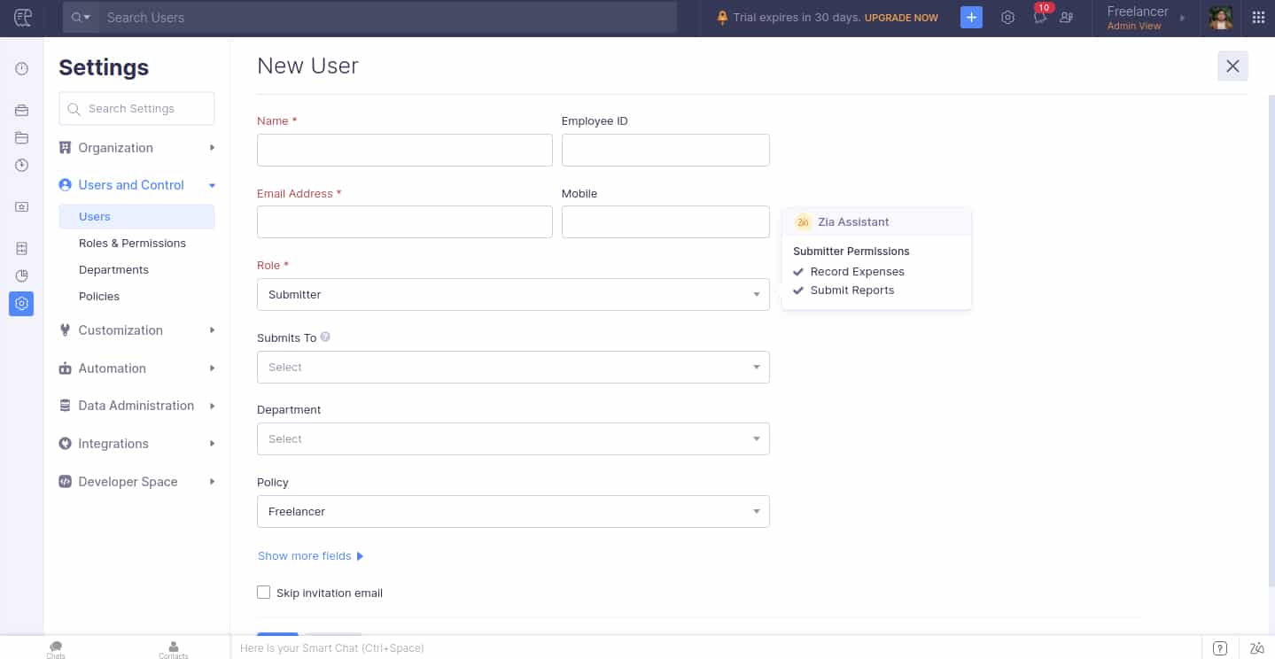 Adding users with info via admin view on Zoho Expense.