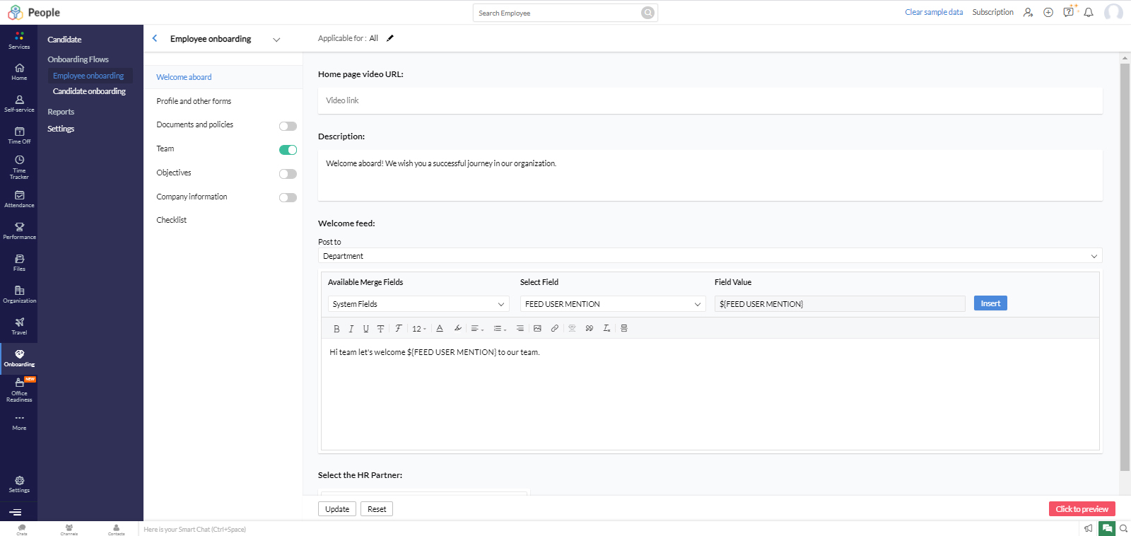 Zoho People Employee Onboarding admin page adding welcome feed.