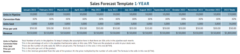 Preview of template for 1-year sales forecast