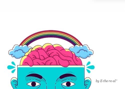 Man with open head and rainbow from inside his brain around with cloud.