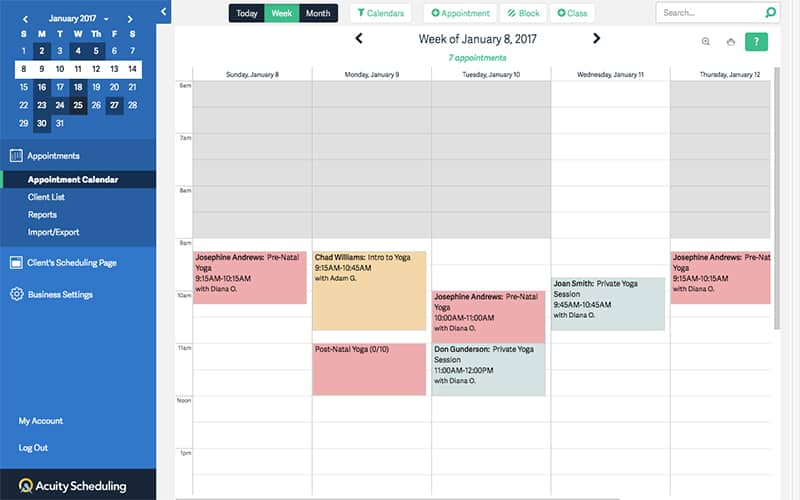 Acuity calendar with example of scheduled appointments.