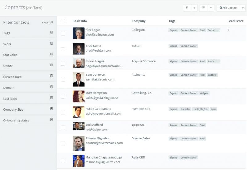 Example of Agile CRM contact list with basic info, company and tags.