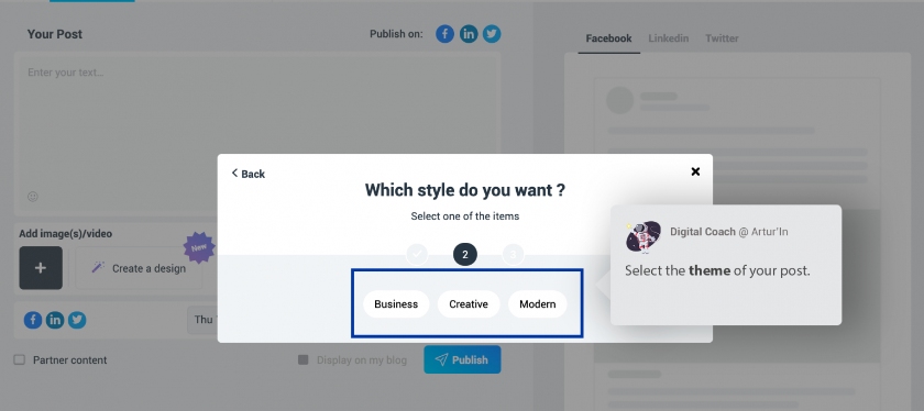 Artur’in ad creation setup that lets you select a theme of your post.