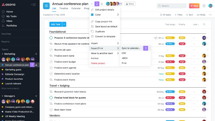 Asana List view of tasks and projects
