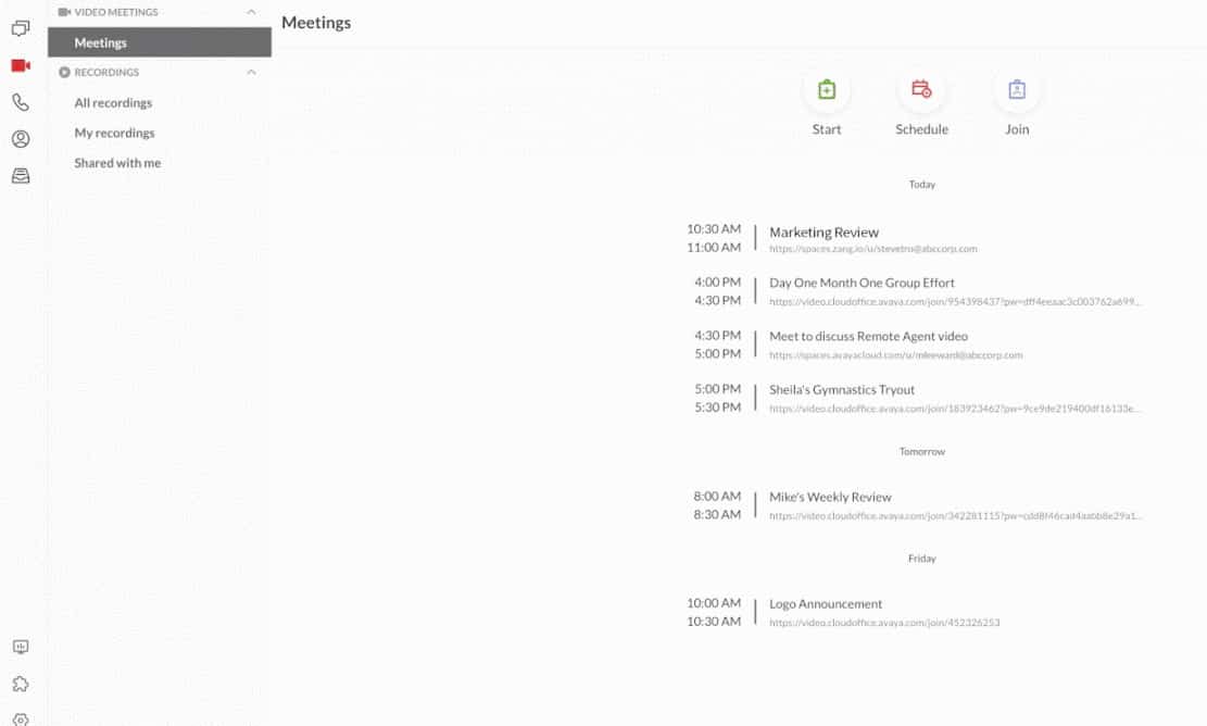 Image of Avaya meeting dashboard to create schedule even, join meeting and start meeting.