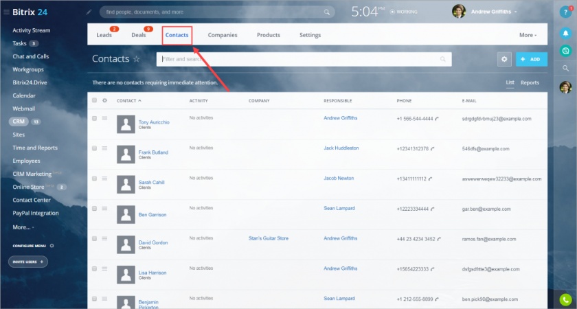 Contacts in Bitrix24 show detailed information and a search bar for filtering contacts.