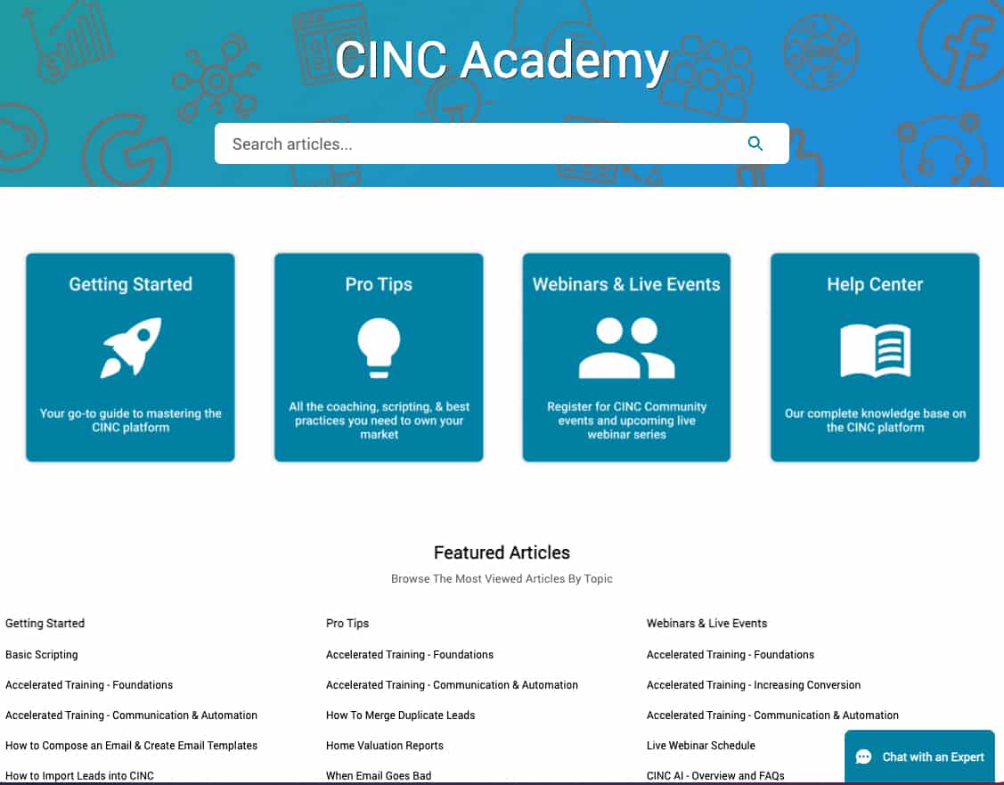Image of CINC Academy page with articles and options.