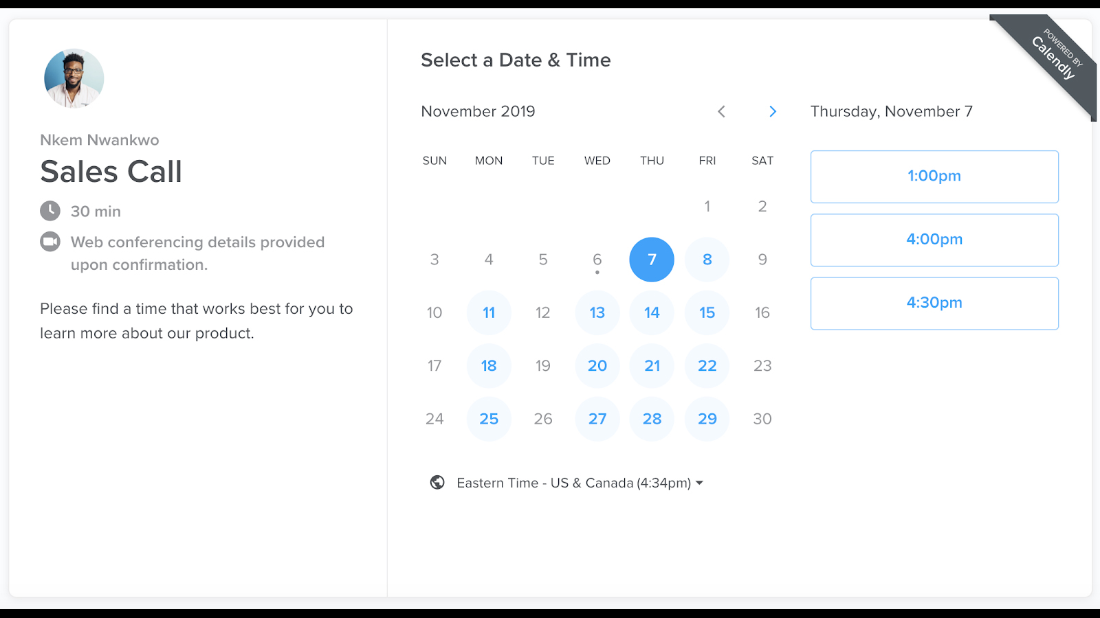 Calendly schedule meeting page with calendar for schedule meeting time.