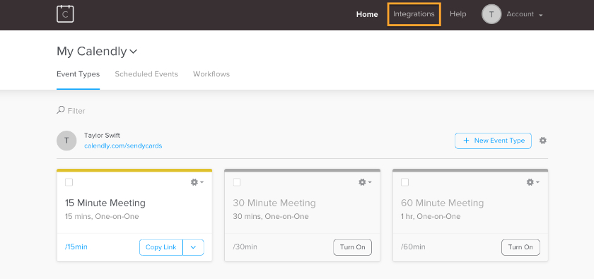 Event page in Calendly with a yellow mark on the Integrations on the menu bar.