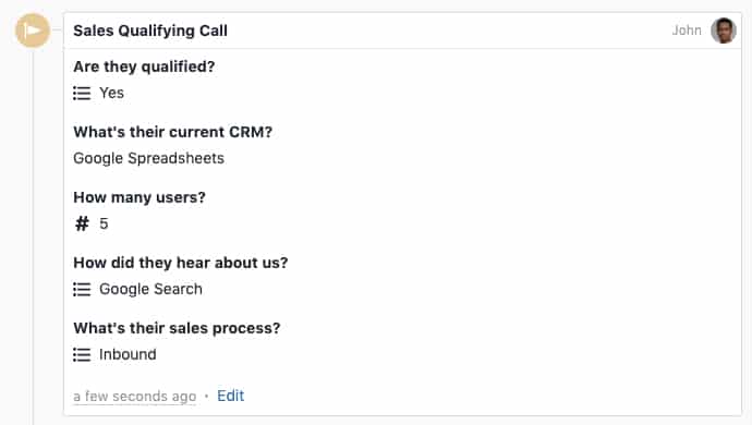 Close customized activity example from Sales Qualifying Call page.