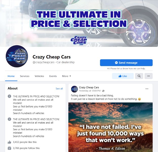 Example of car dealership Facebook page from Crazy Chrap Cars