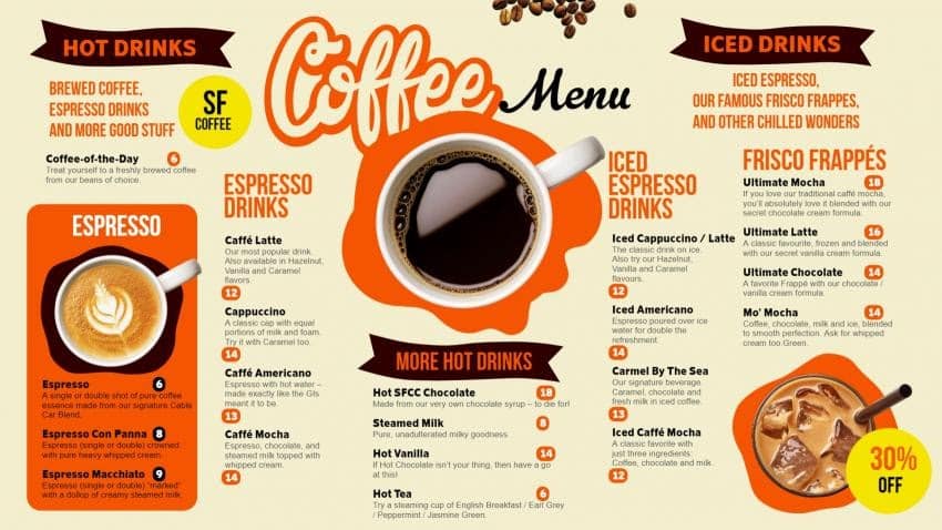 DSMenu example template menu for Coffee Shops.