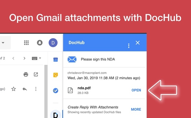 DocHub extension in Gmail with an arrow pointing to "OPEN" button that directs to DocHub signing tool.