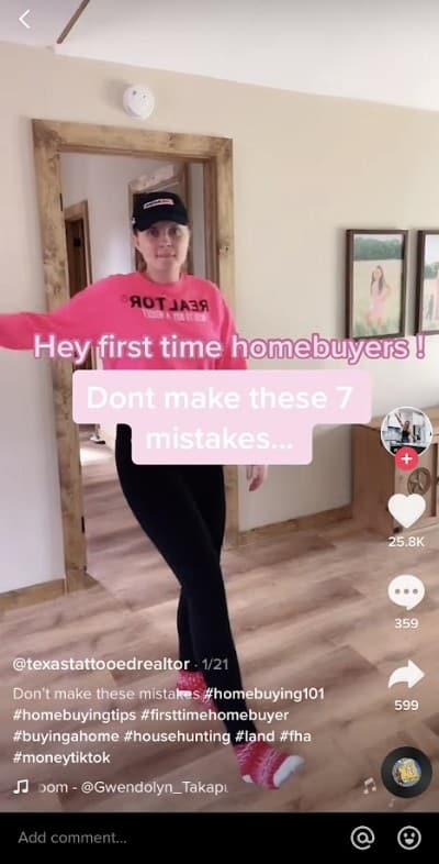 A female Tiktoker dancing to popular audio while plugging her expertise as a real estate professional. 