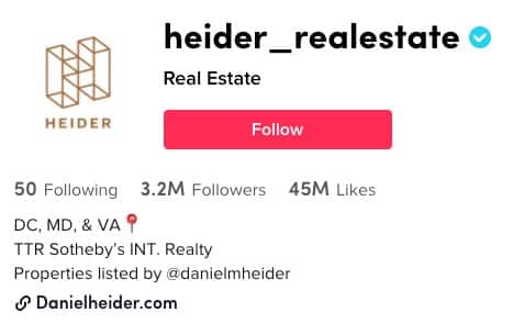 An example of a website link on TikTok profile from heider_realestate.