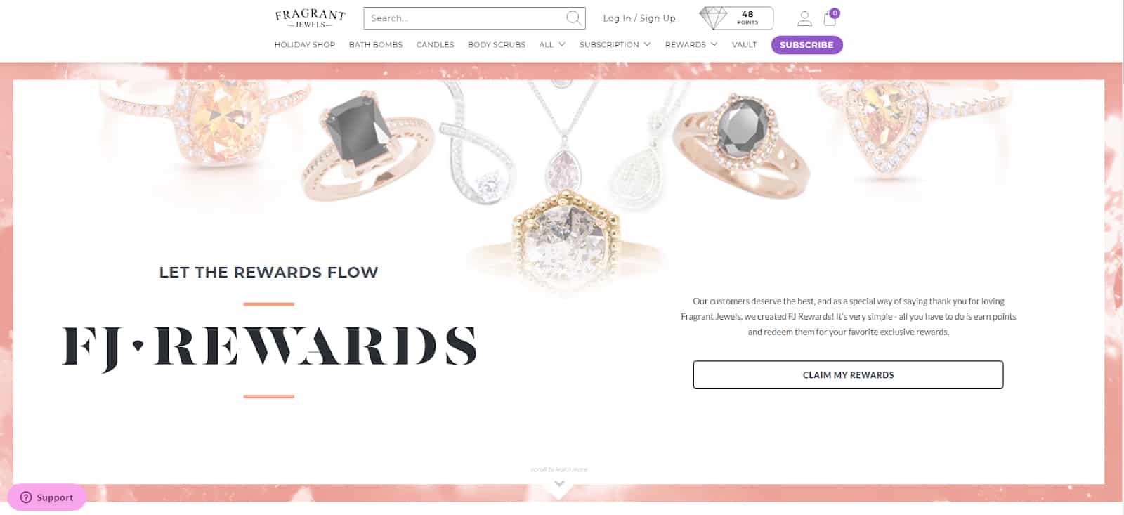 Image of Fragrant Jewels home page with rewards button for customers.
