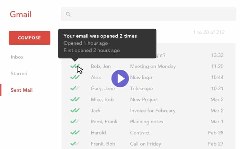 Gmail inbox with MailTrack's green checkmarks that signifies if the email was opened.