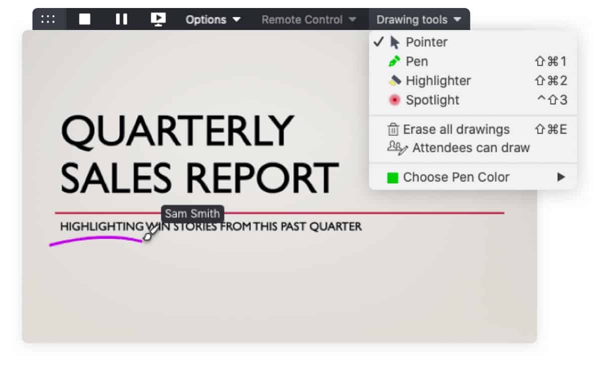 Image of GoToConnect drawing tools including a pointer, pen, highlighter, and spotlight.