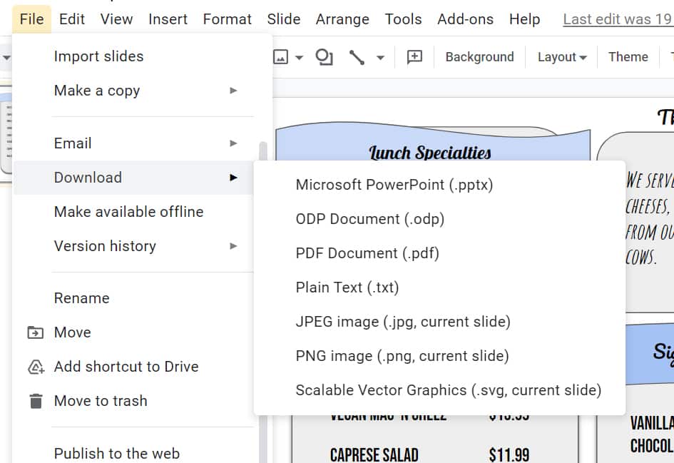 Google Slide download file option.
