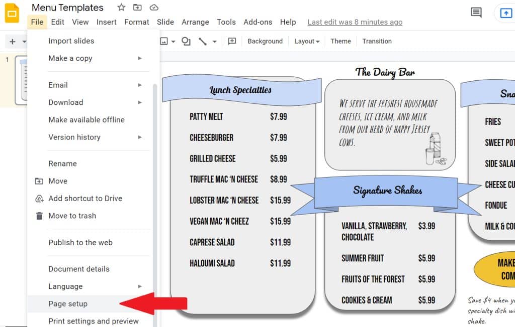 Google Slide page setup under File menu.