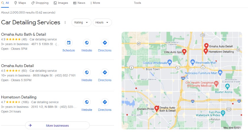 Google local search results for car detailing services