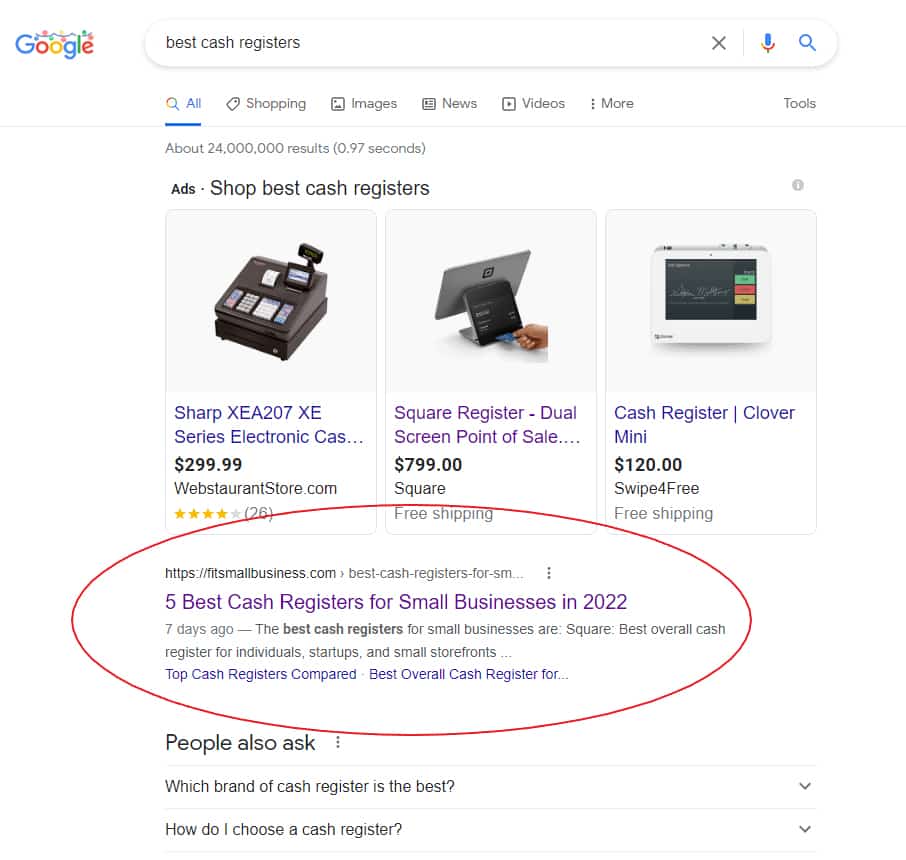 Example of Google search result from "best cash registers".