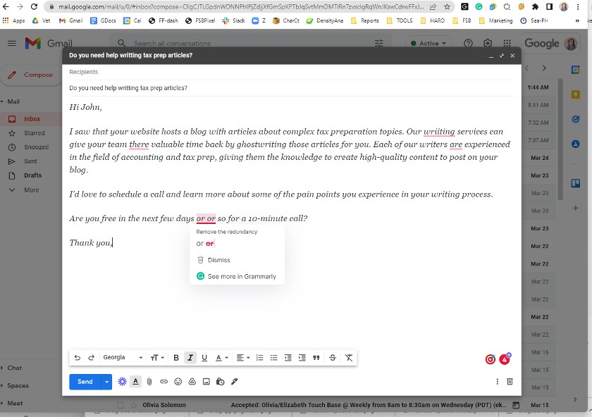 Grammarly email tool at work in Gmail