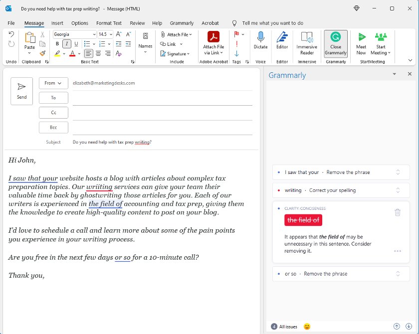 Grammarly email tool at work in Outlook emails