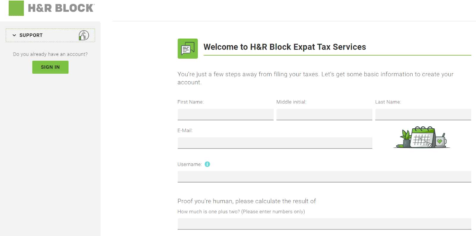 H&R Block Expat Tax Services page, filing some basic information.