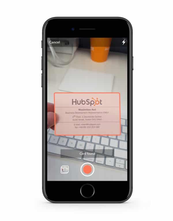 Mobile screen showing HubSpot Business Card Scanner