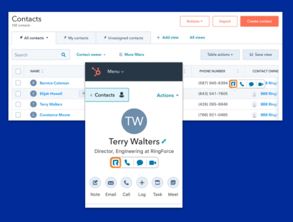 Contacts manager from RingCentral CRM and Hubspot VoIP integration in mobile.