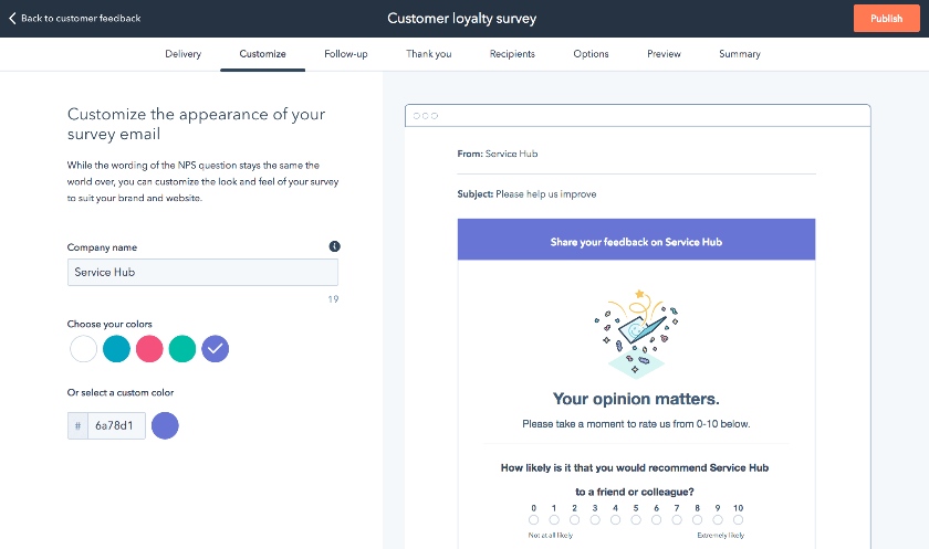 Appearance customization of Hubspot's customer loyalty survey.