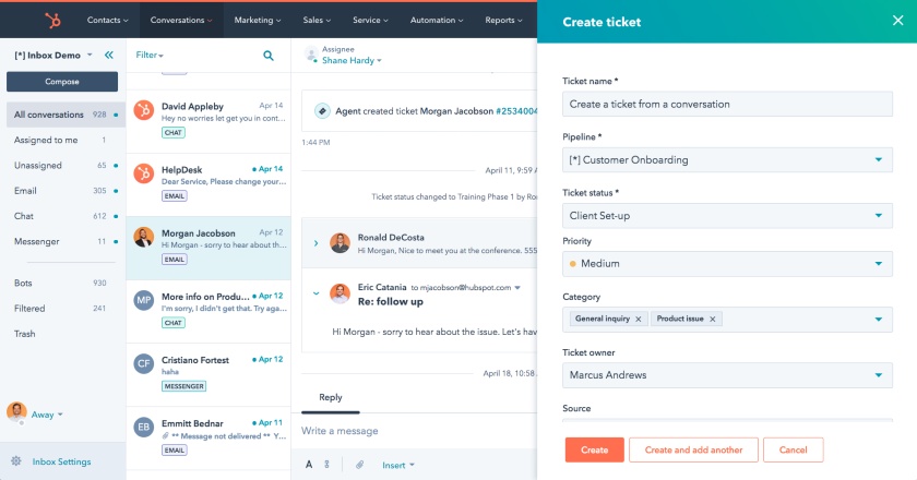 HubSpot Service Hub inbox demo that shows create ticket form on the right side.