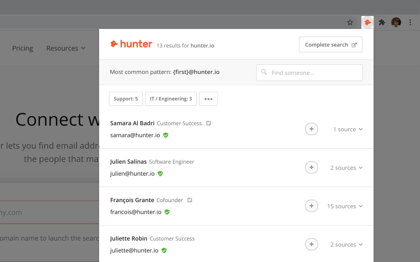 Search results for the hunter.io most common pattern.