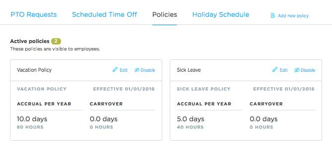 Justwork policy page with vacation policy and sick leave.