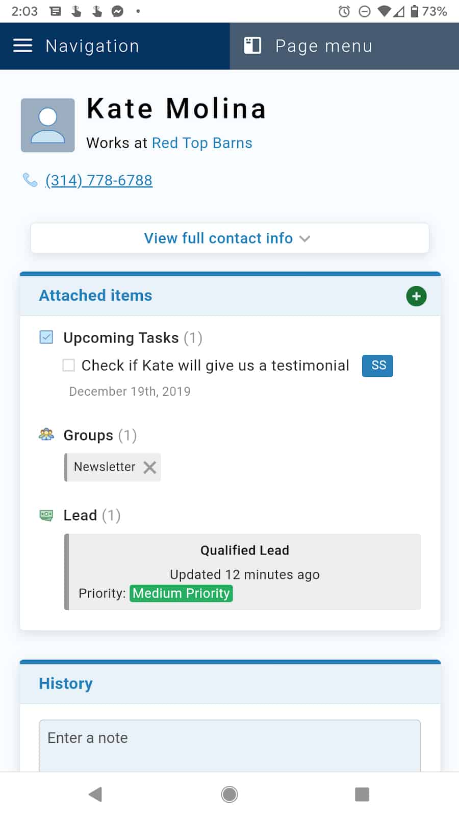 Image of Less Annoying CRM’s contact on mobile view of Kate Molina.