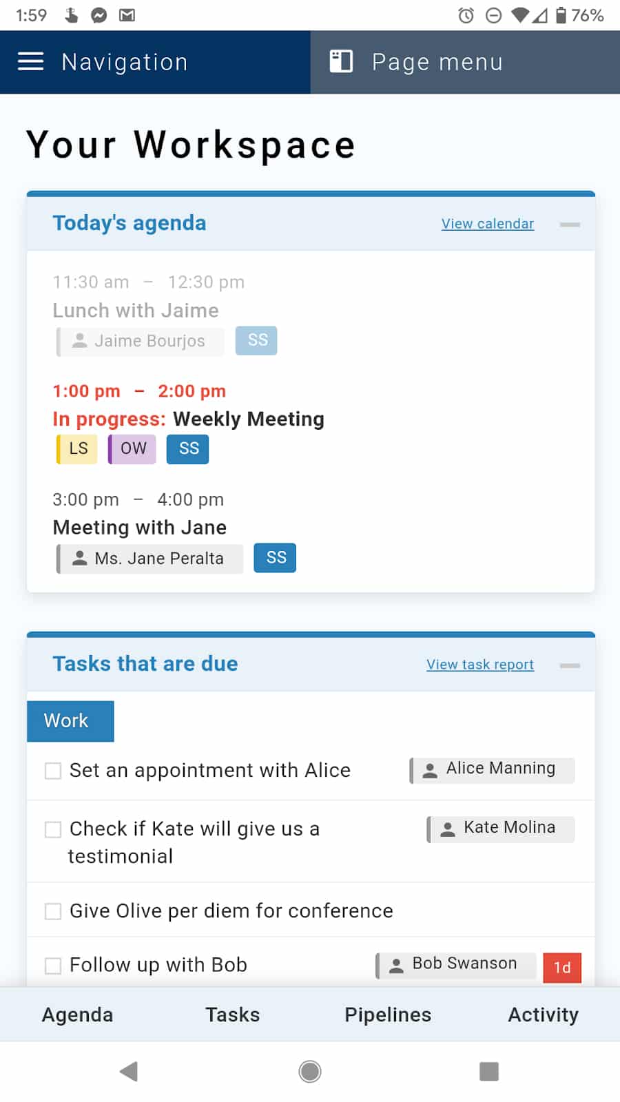 Image of Less Annoying CRM’s workspace page in on mobile.