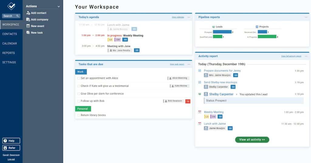Less Annoying CRM’s home page where you can view your workspace.