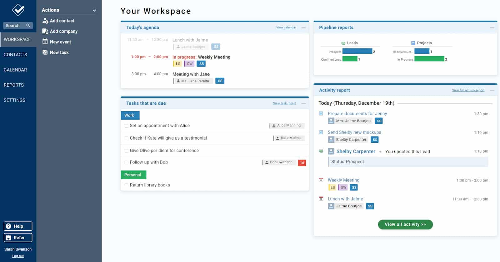 Image of Less Annoying CRM’s home page where you can view your workspace.