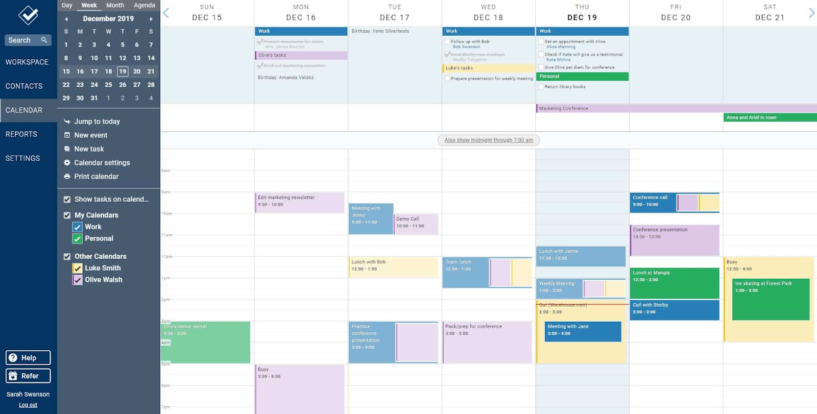 Example shared calendar of Less Annoying CRM’s with scheduled tasks.