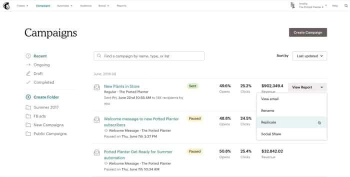 Screenshot showing Email Campaign Monitoring Page of Mailchimp