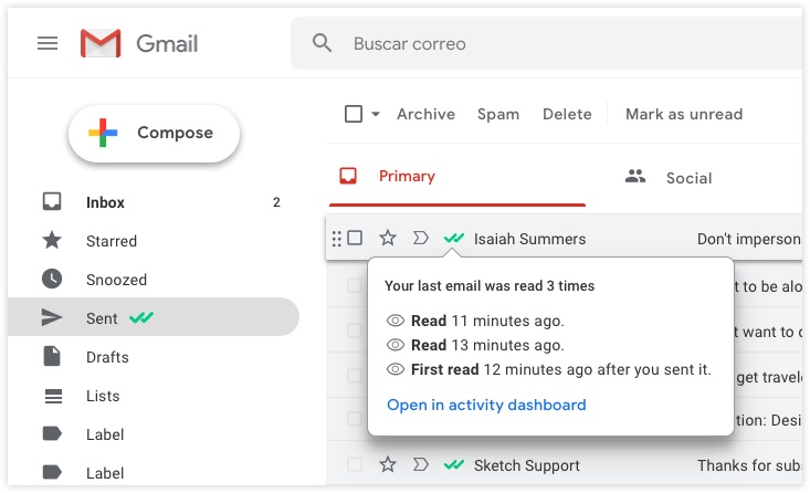 MailTrack Gmail integration showing checked for opened email