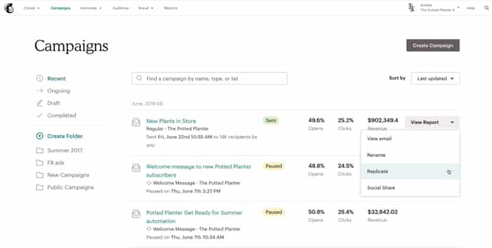 Image of Mailchimp Campaign page, you can view the existing campaigns status and analytics,