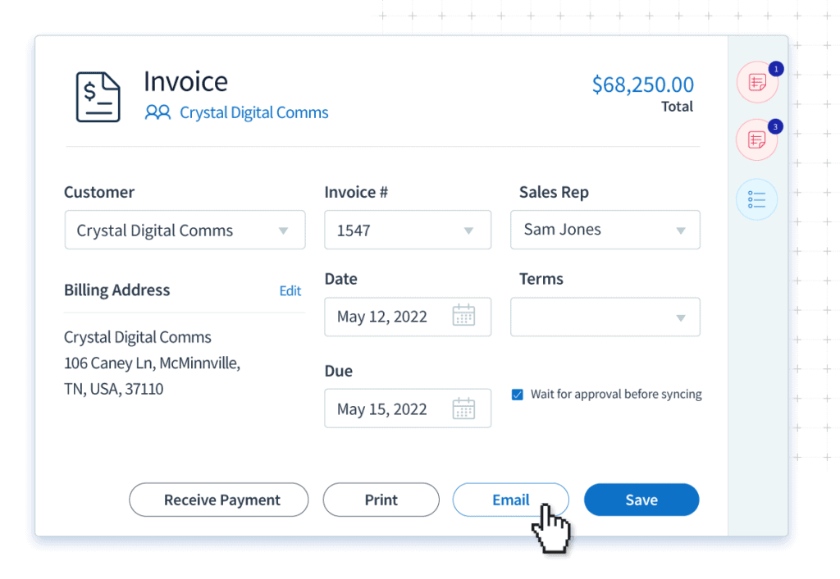 Sample QuickBooks Invoicing with customer's name, billing address and some info.