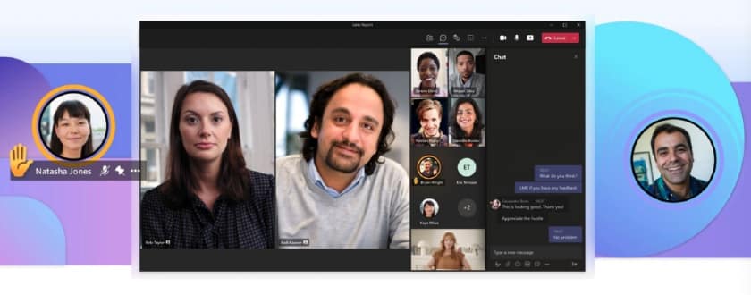 Microsoft Teams one-on-one calls and video conferencing interface with headshots of the attendees.