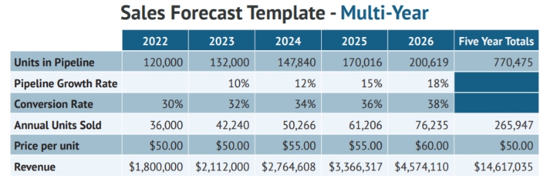 Preview of template for multi-year sales forecast