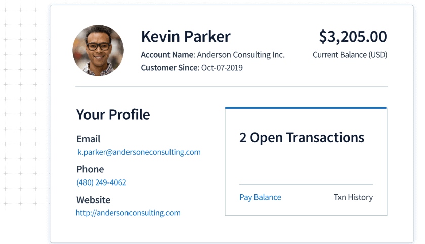 Sample of QuickBooks CRM Online Customer Portal Profile of Kevin Parker.